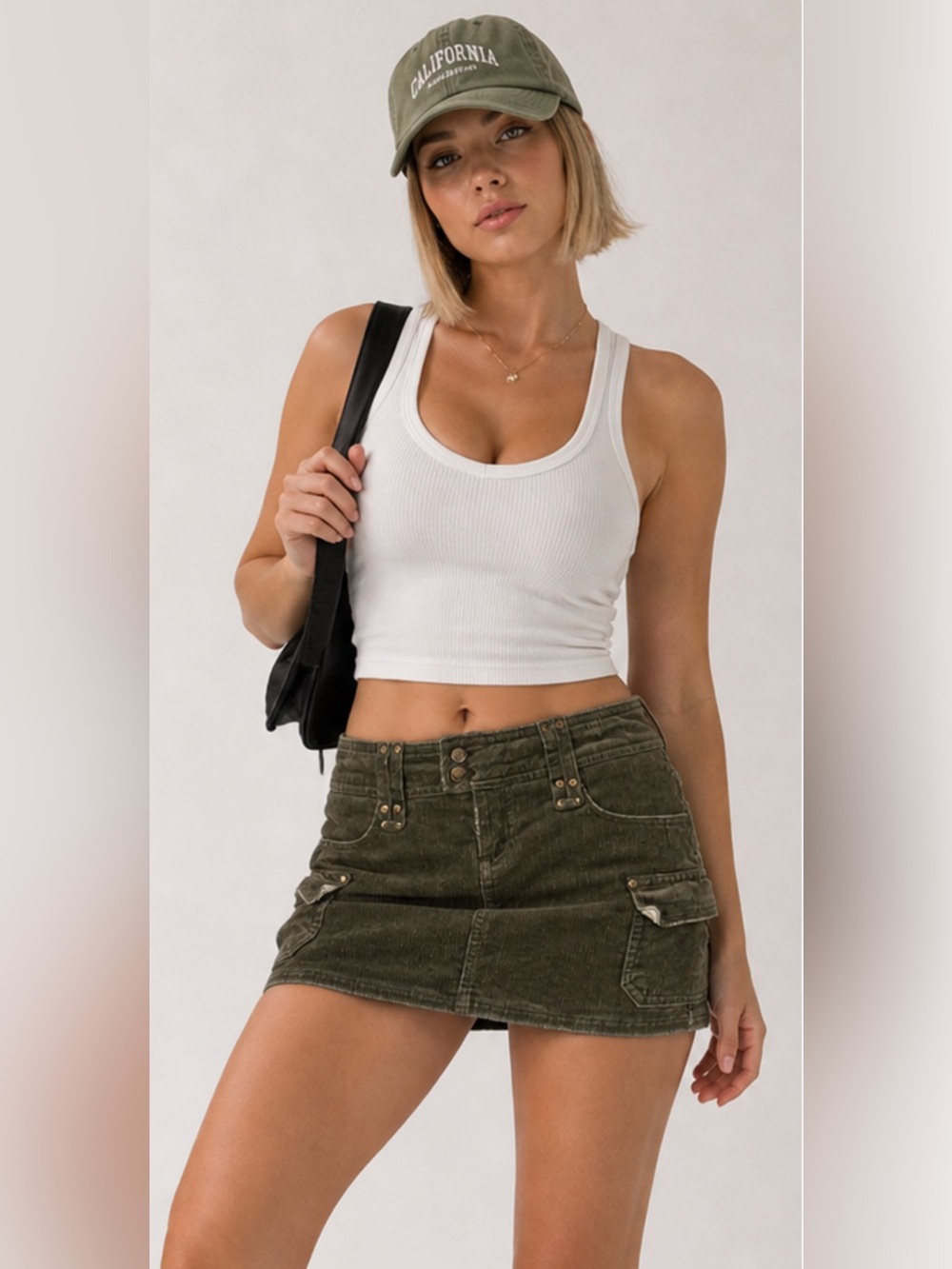 Olive Green Cargo Ribbed Pencil Mini Skirt Causual